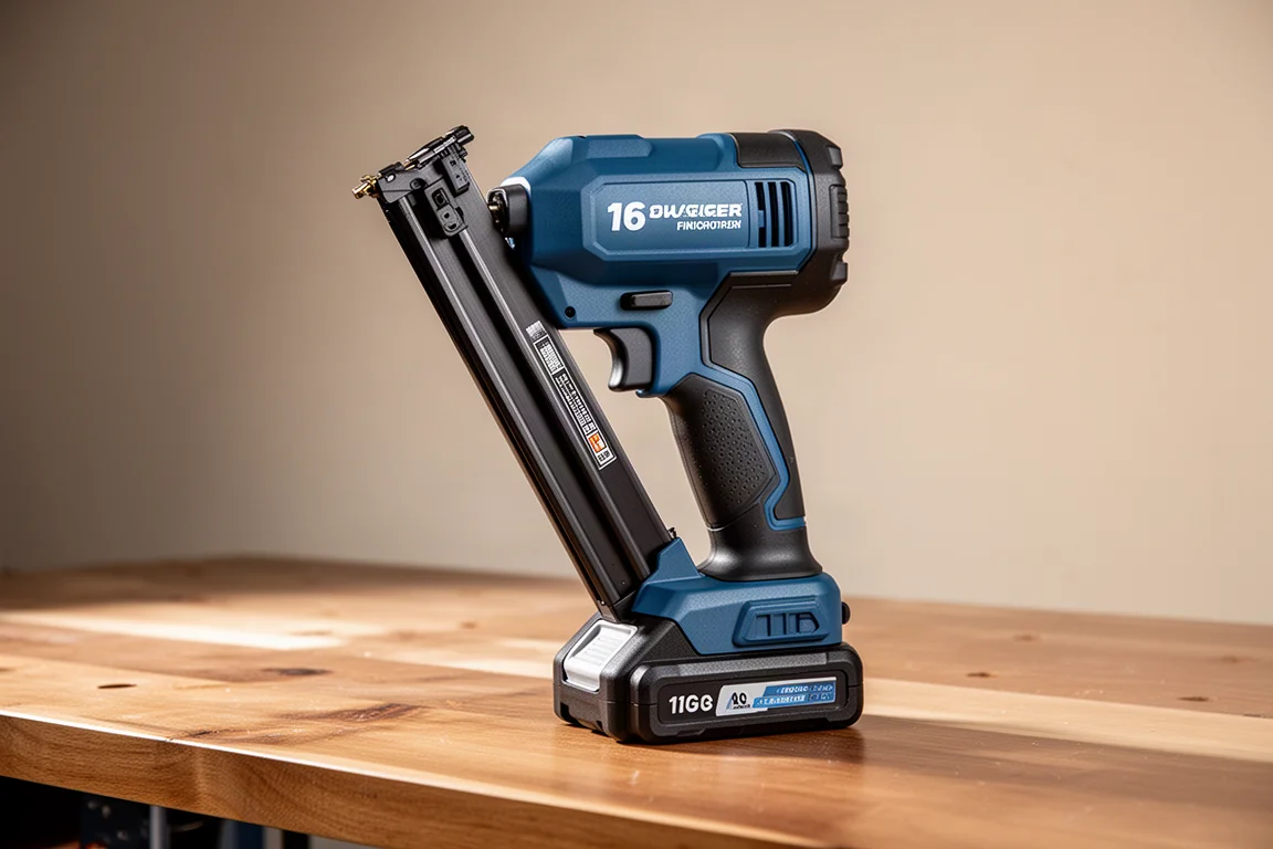 Bosch GNH18V-64 cordless finish nailer standing upright on a workbench