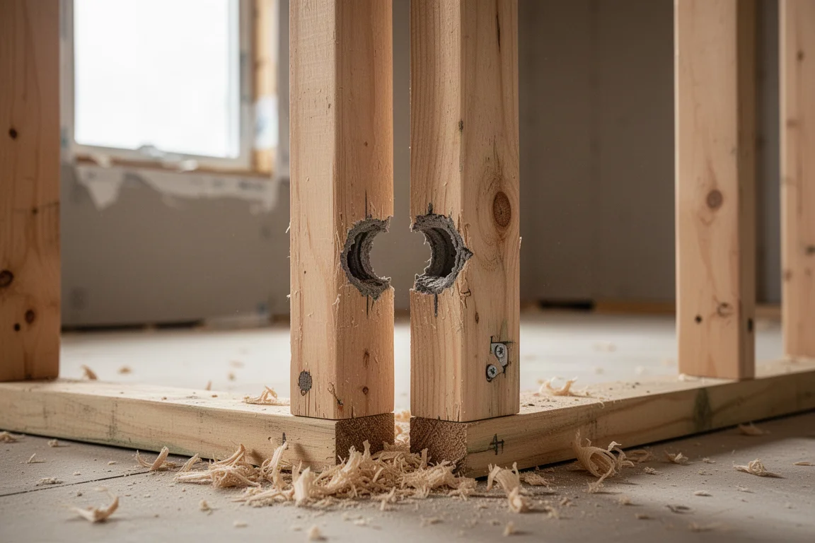 Drilling between closely spaced wall studs on a construction site