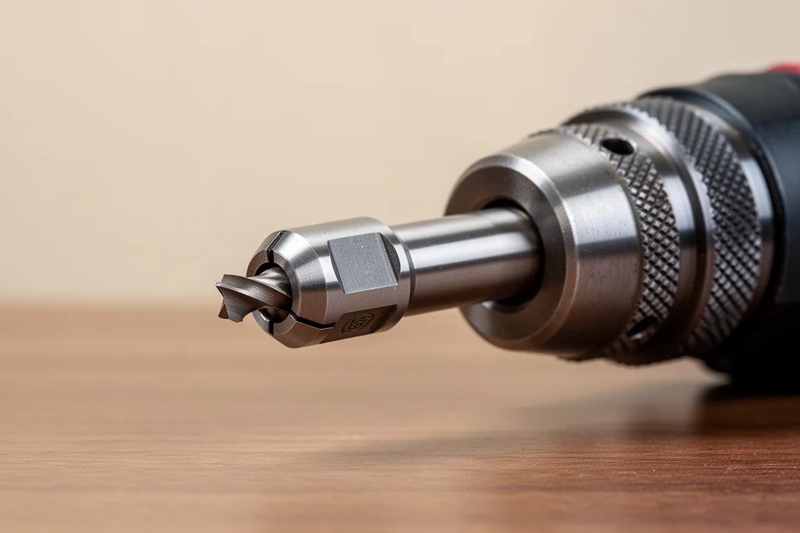 Close-up of a 7/16-inch hex quick-change collet on a drill head