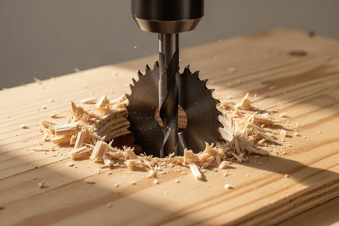 Large hole saw cutting through wooden sheathing with wood chips flying