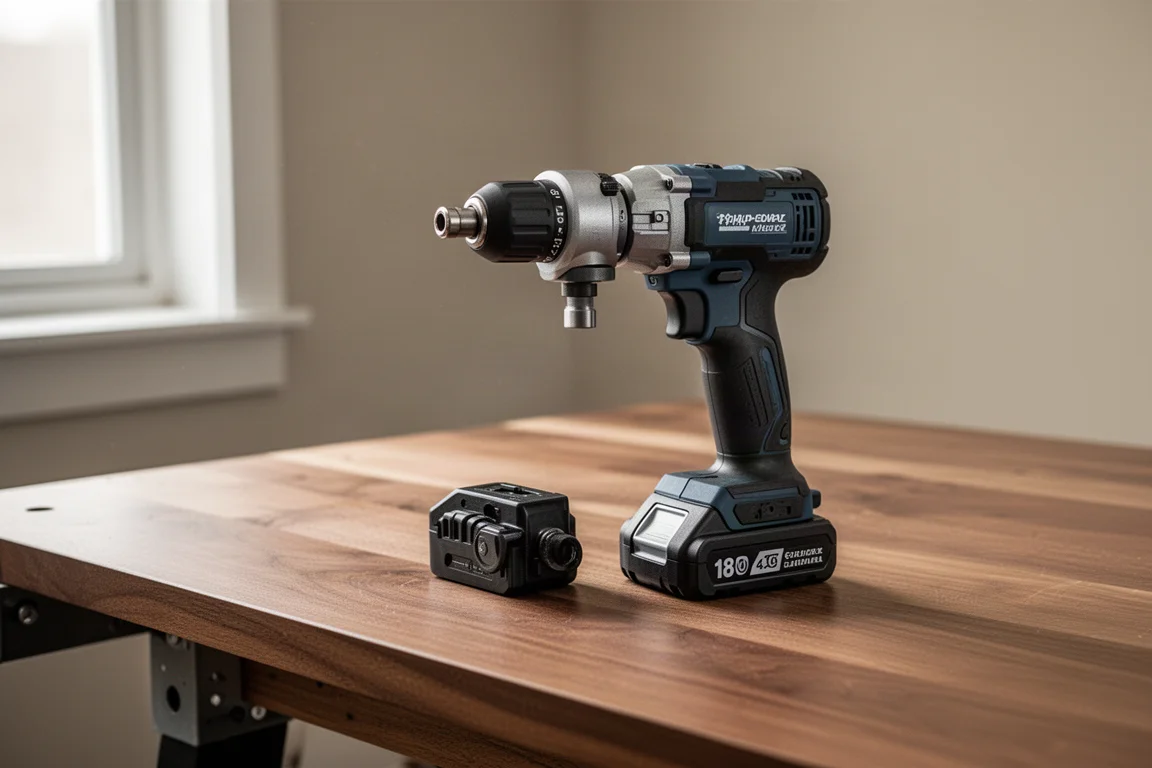 Right angle drill resting on a workbench beside an 18V battery pack