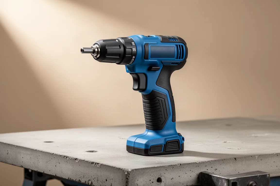 Bosch 18V right angle drill standing at an angle on a concrete workbench
