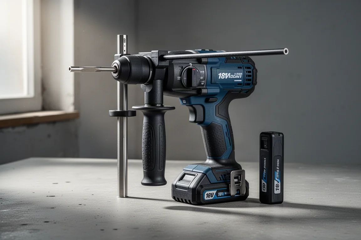 Heavy-duty 18V cordless hammer drill with auxiliary handle and depth rod on concrete