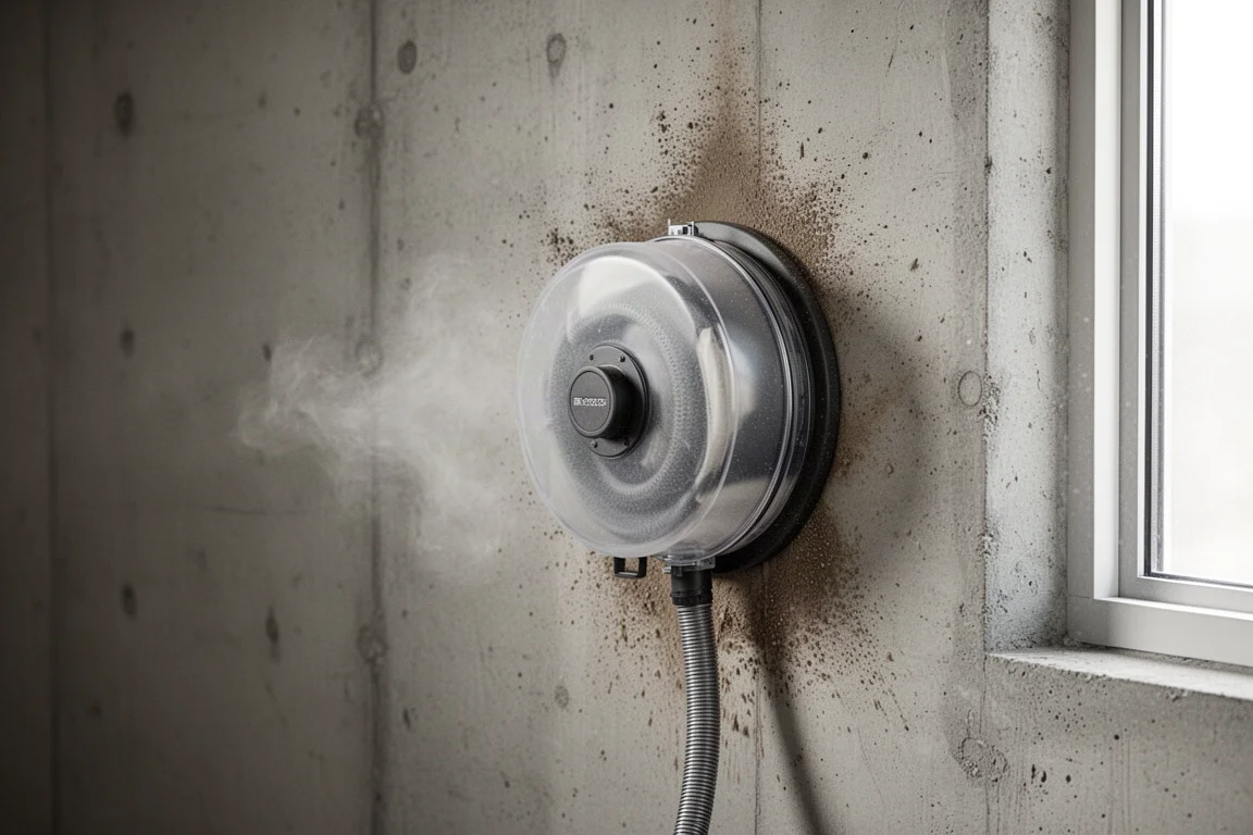 Depósito de un extractor de polvo succionado plano contra una pared vertical de hormigón