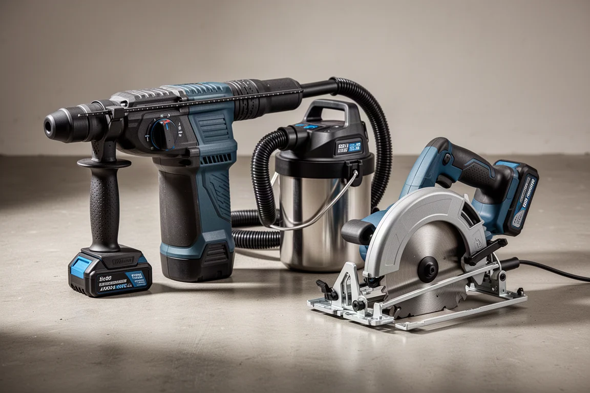 Bosch ProFactor rotary hammer, dust extractor, and circular saw arranged on a concrete floor