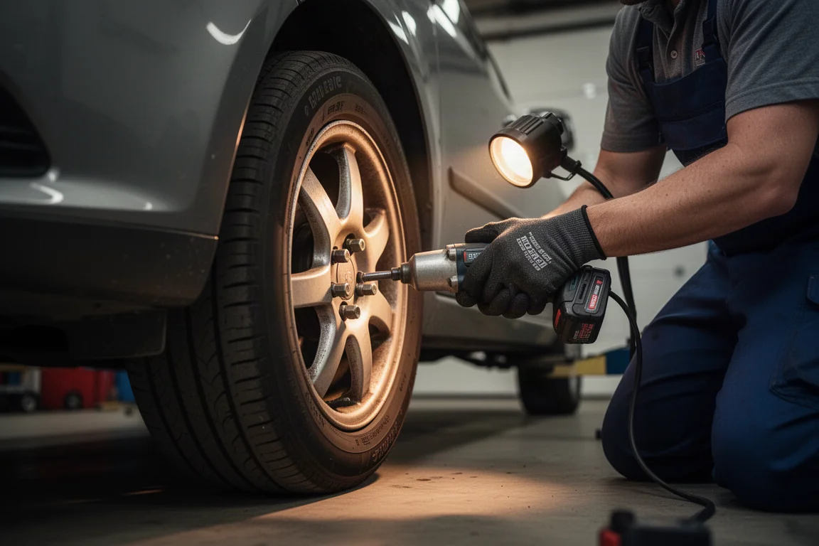 Mechanik odkręcający nakrętki kół samochodu w przygaszonym garażu