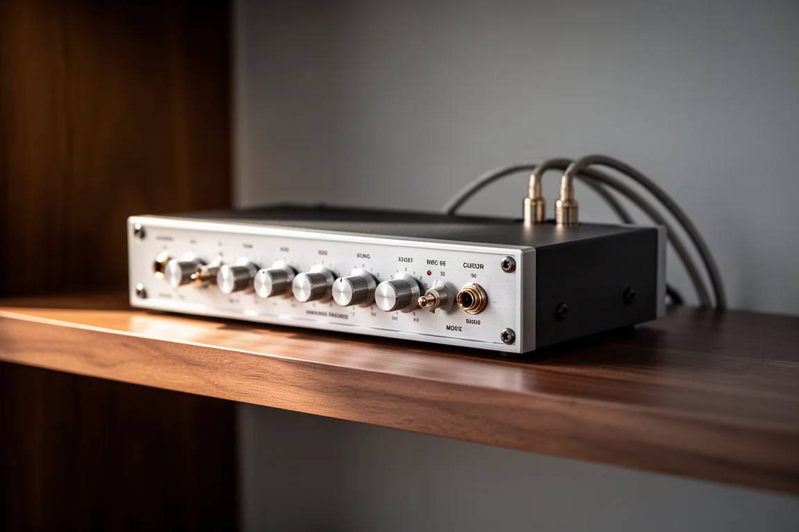 Nahaufnahme eines kompakten analogen Vintage-Equalizers mit Drehreglern auf einem Holzregal