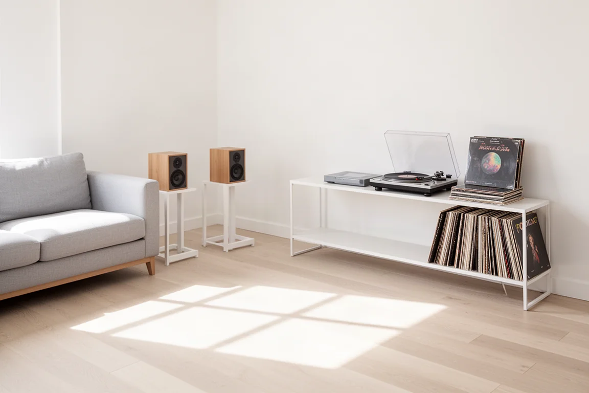 Helles modernes Wohnzimmer mit leeren Lautsprecherständern, Sofa und Plattenspielerkonsole