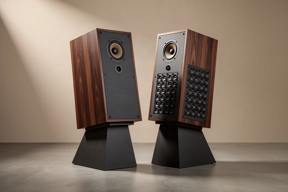 Pair of tall vintage loudspeaker cabinets on angled pedestal stands against a neutral backdrop
