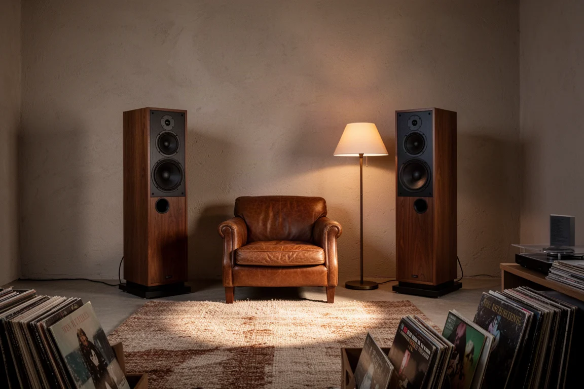 Salle d'écoute au crépuscule avec deux enceintes vintage sur pied inclinées vers un fauteuil