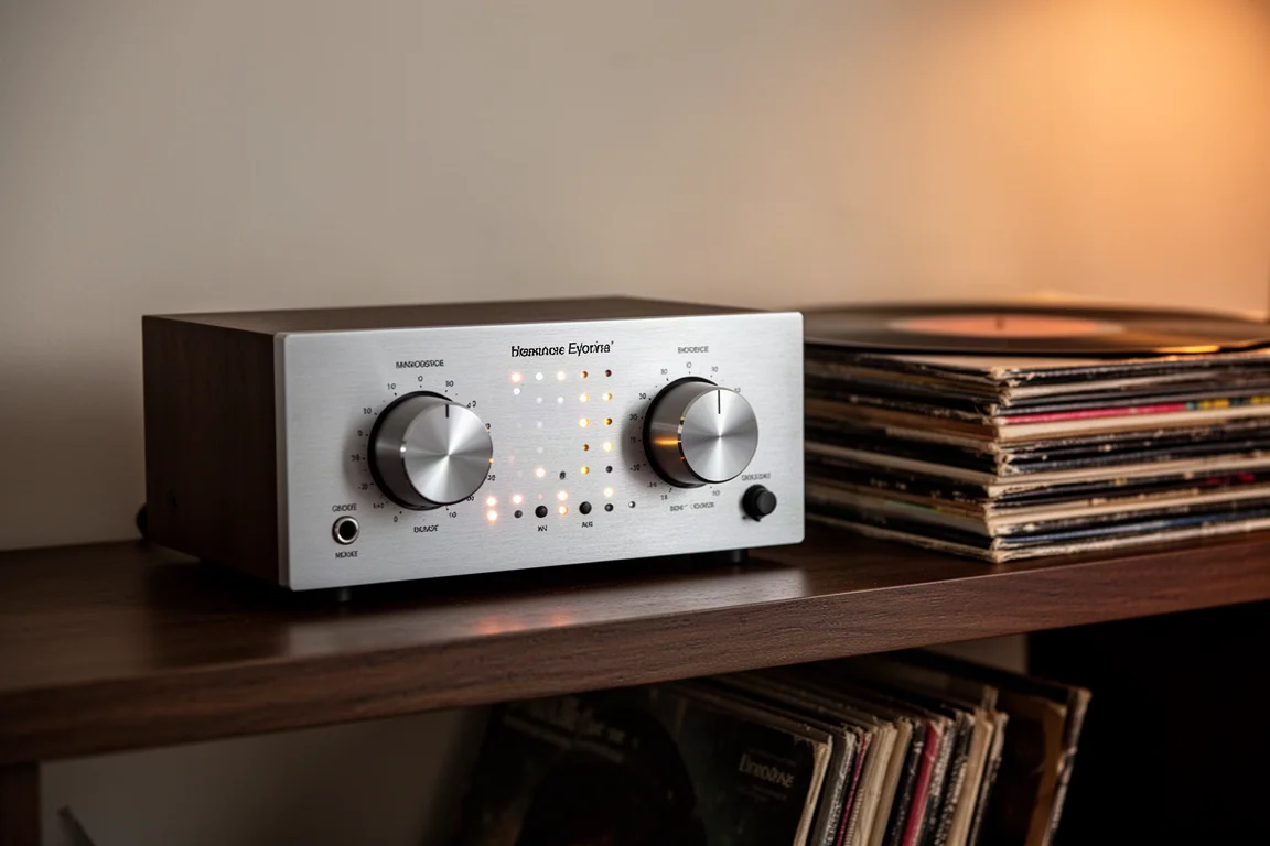 Égaliseur audio vintage à boutons rotatifs posé sur une étagère en bois près de vinyles