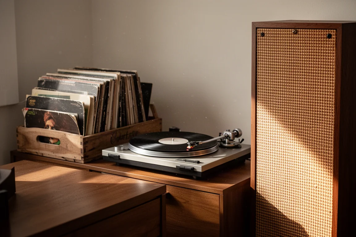 Coin d'écoute de collectionneur avec bacs de vinyles, platine et bord d'une enceinte vintage