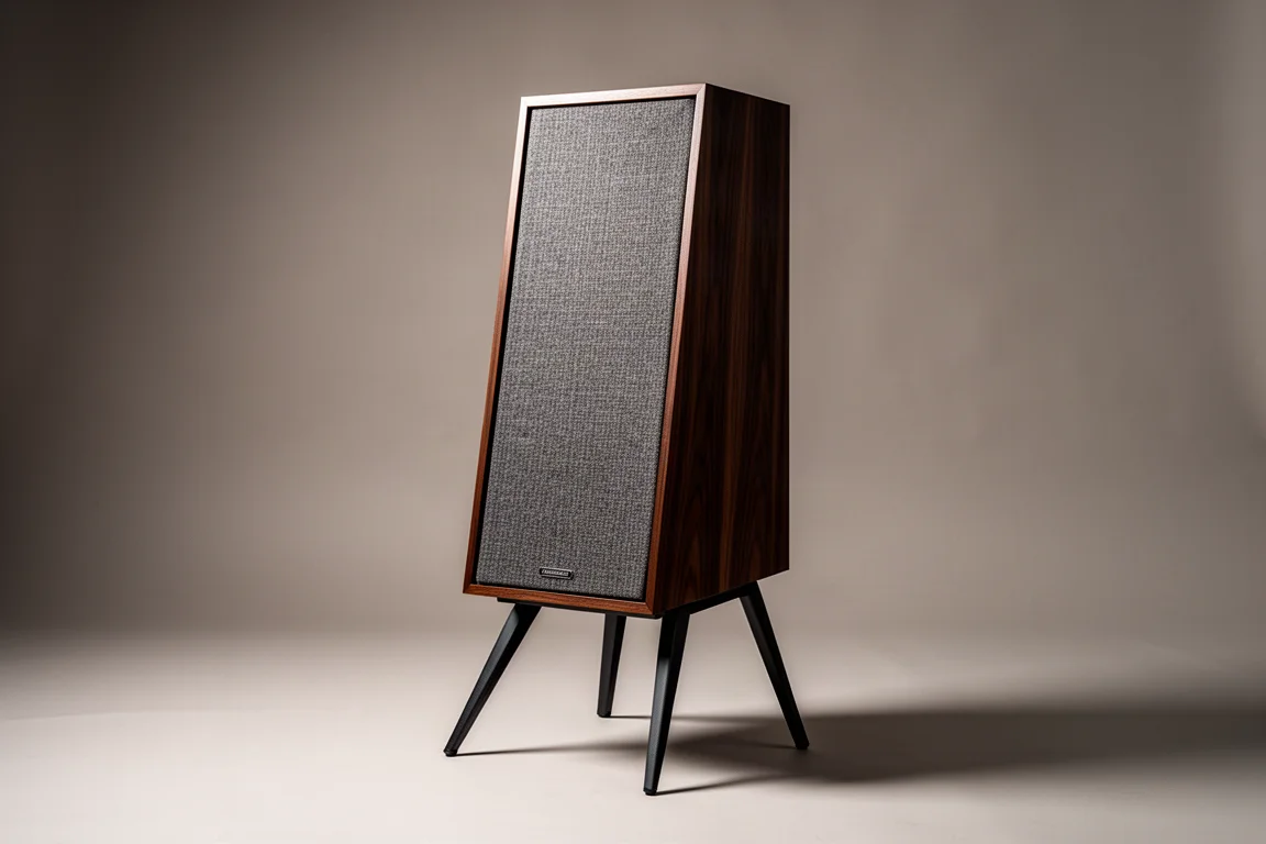 Vintage stand-mounted loudspeaker with dark wood cabinet and fabric grille on angled stand