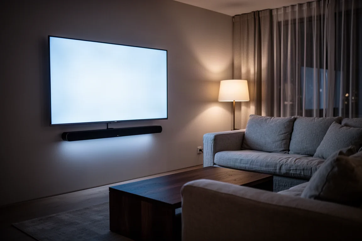 Salón con poca luz por la noche con una barra de sonido bajo un televisor montado en la pared