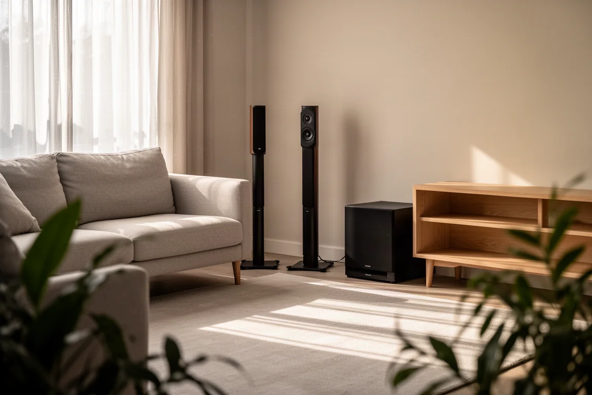 Esquina de un salón con dos altavoces de columna esbeltos y un subwoofer compacto