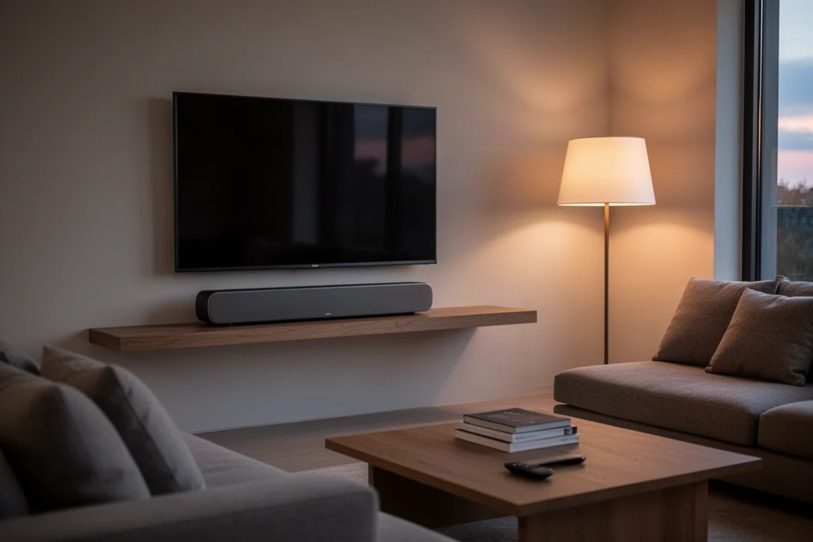 Salón moderno al atardecer con un televisor montado en la pared y una barra de sonido debajo