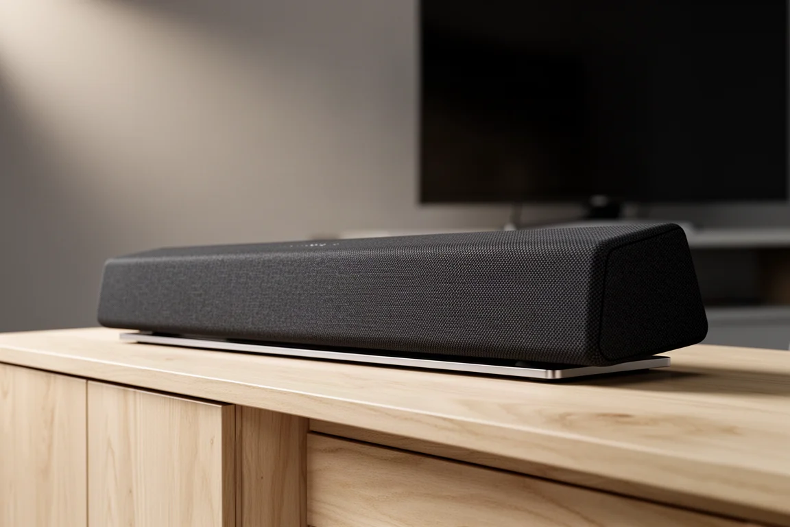 Bose Lifestyle Ultra Soundbar on a pale oak media console against a warm grey backdrop
