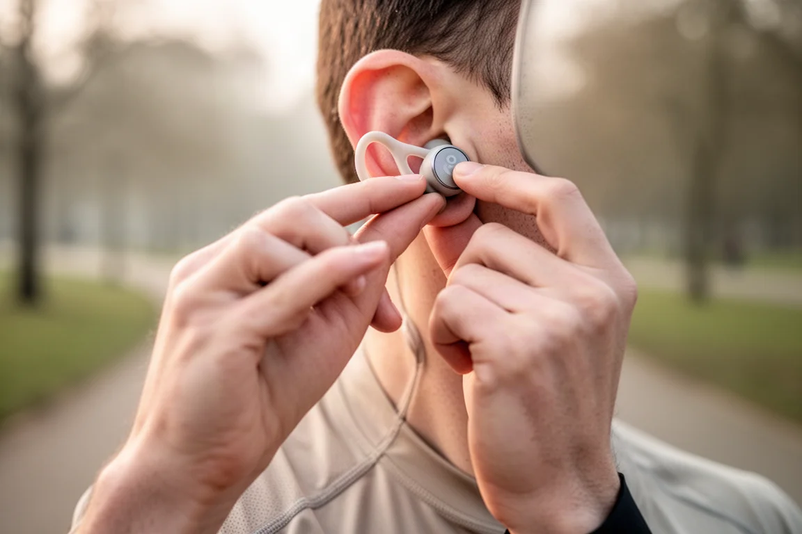 Un corredor se coloca un auricular inalámbrico en el oído antes de un entrenamiento matutino