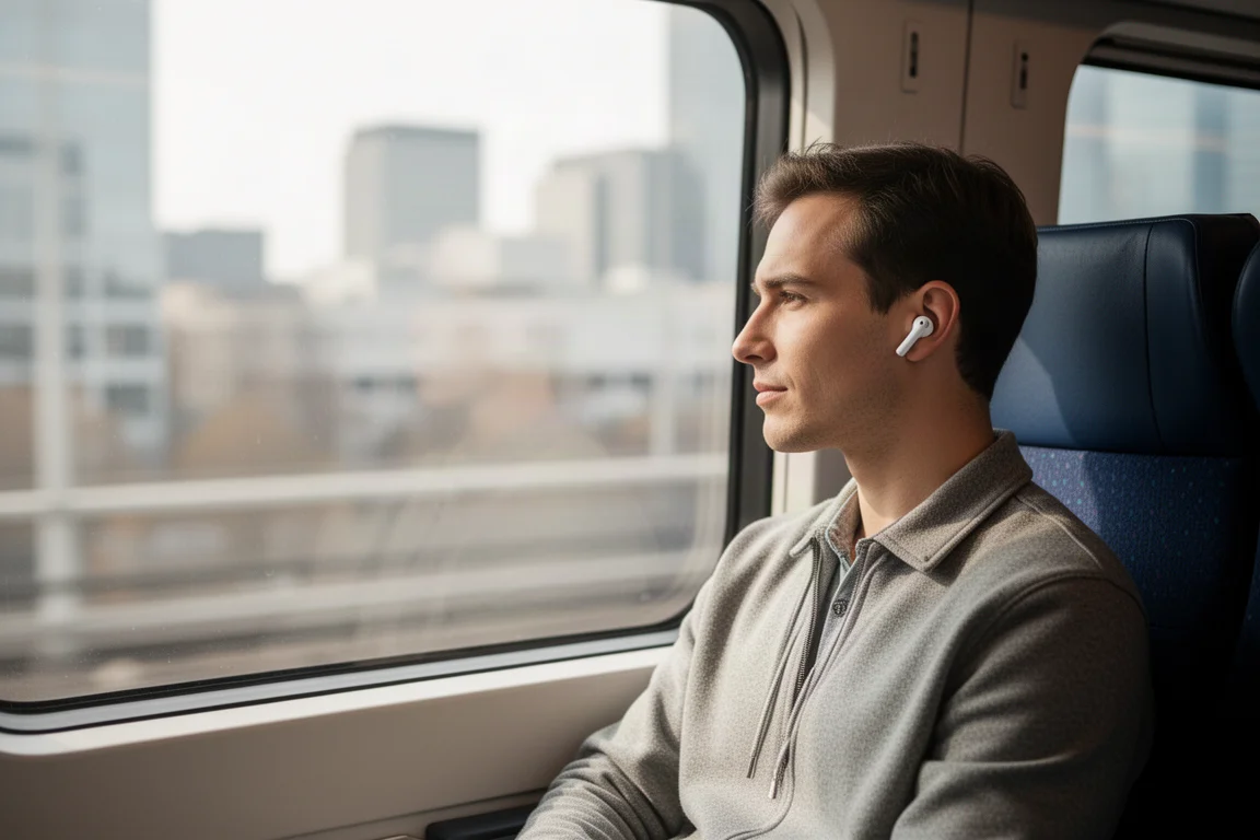 Un viajero con auriculares en el tren mirando por la ventana
