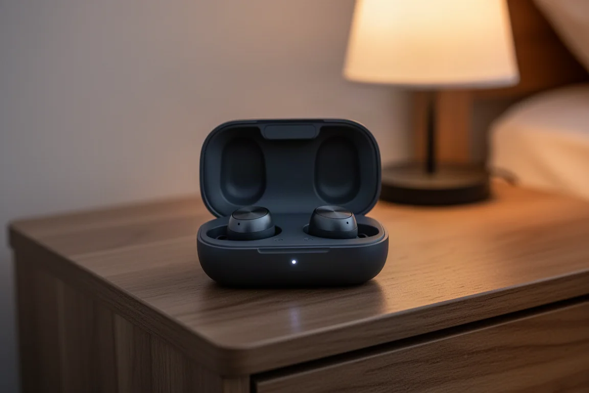 Auriculares cargándose en un estuche abierto sobre una mesita de noche al atardecer