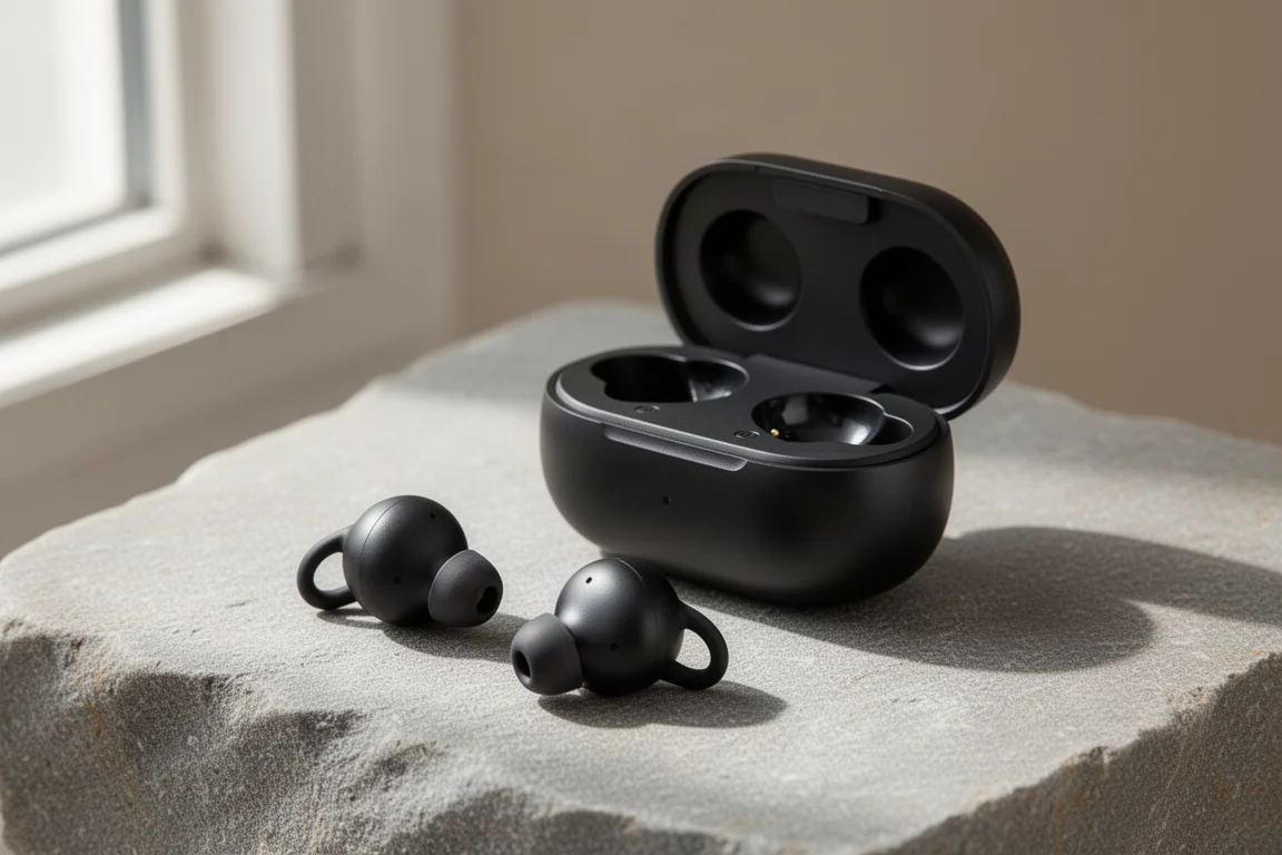 Bose QuietComfort Earbuds 2 with charging case on a grey stone surface