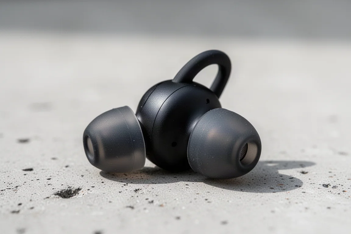 Nahaufnahme eines schwarzen In-Ear-Kopfhörers mit Silikon-Ohrpassstück und Stabilitätsflügel