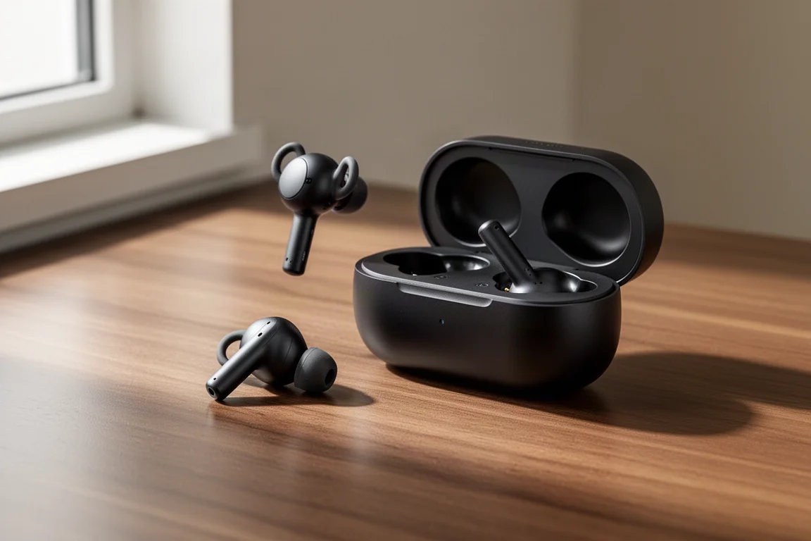 Bose QuietComfort Ultra Earbuds 2nd Gen with open charging case on a wooden desk