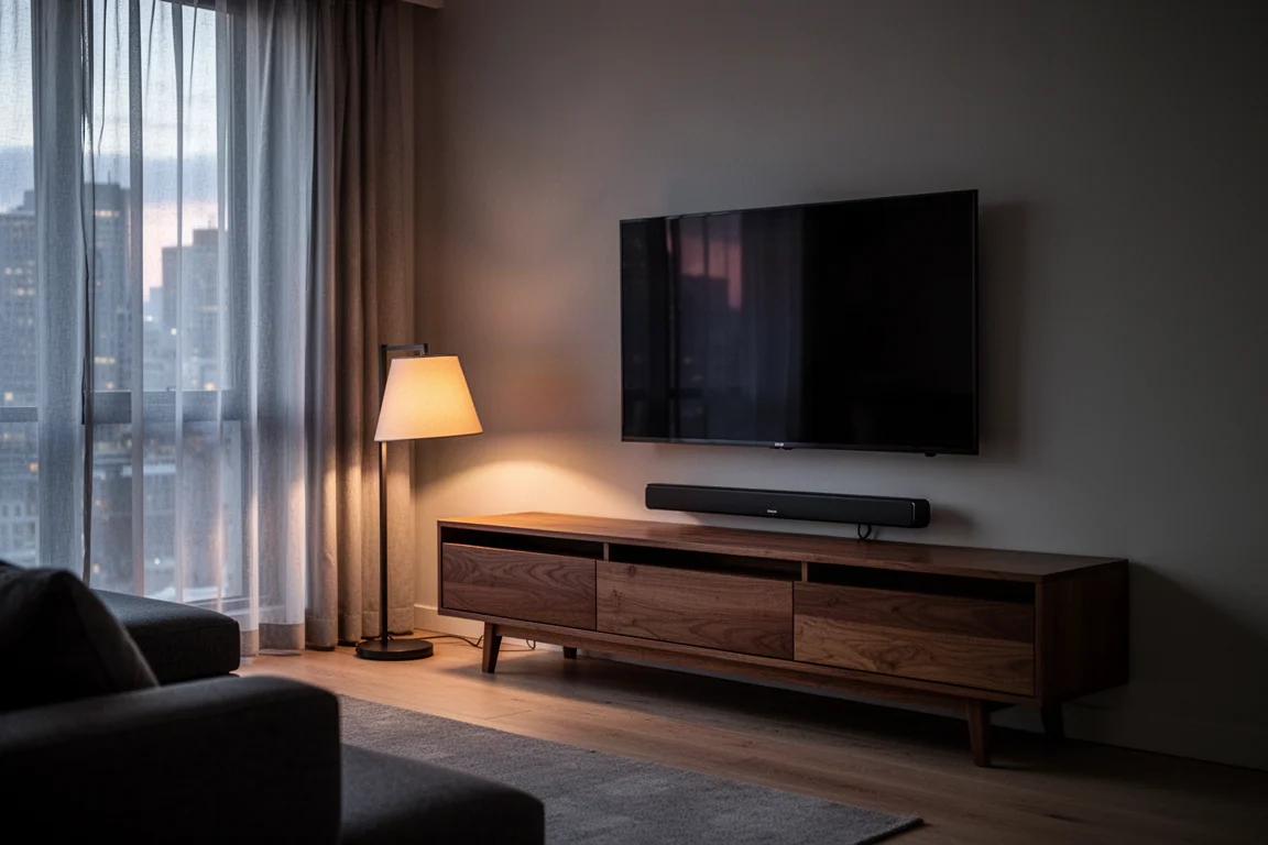 Soundbar sottile sotto una televisione in un soggiorno compatto di un appartamento al crepuscolo