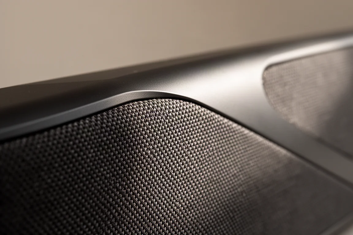 Primo piano della griglia di una soundbar rivestita in tessuto con luce morbida sulla superficie
