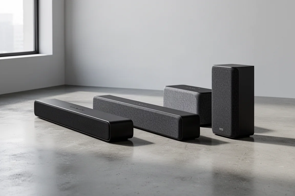 Tre soundbar di dimensioni diverse allineate su un pavimento di cemento per il confronto