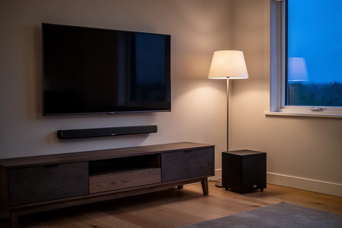Soggiorno di notte con una soundbar sottile sotto una televisione e un subwoofer nell'angolo