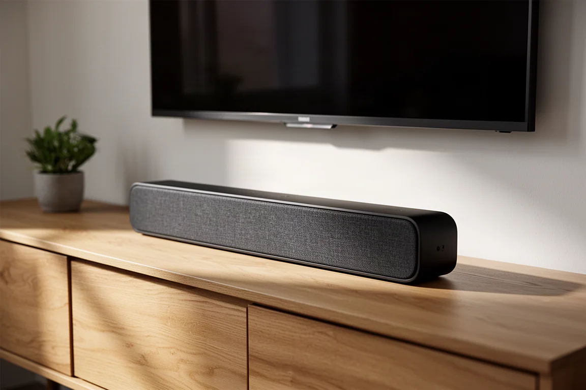 Slim matte black soundbar on an oak console beneath a wall-mounted television