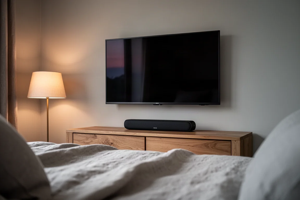 Compacte soundbar onder een aan de muur gemonteerde tv in een zacht verlichte slaapkamer bij schemer