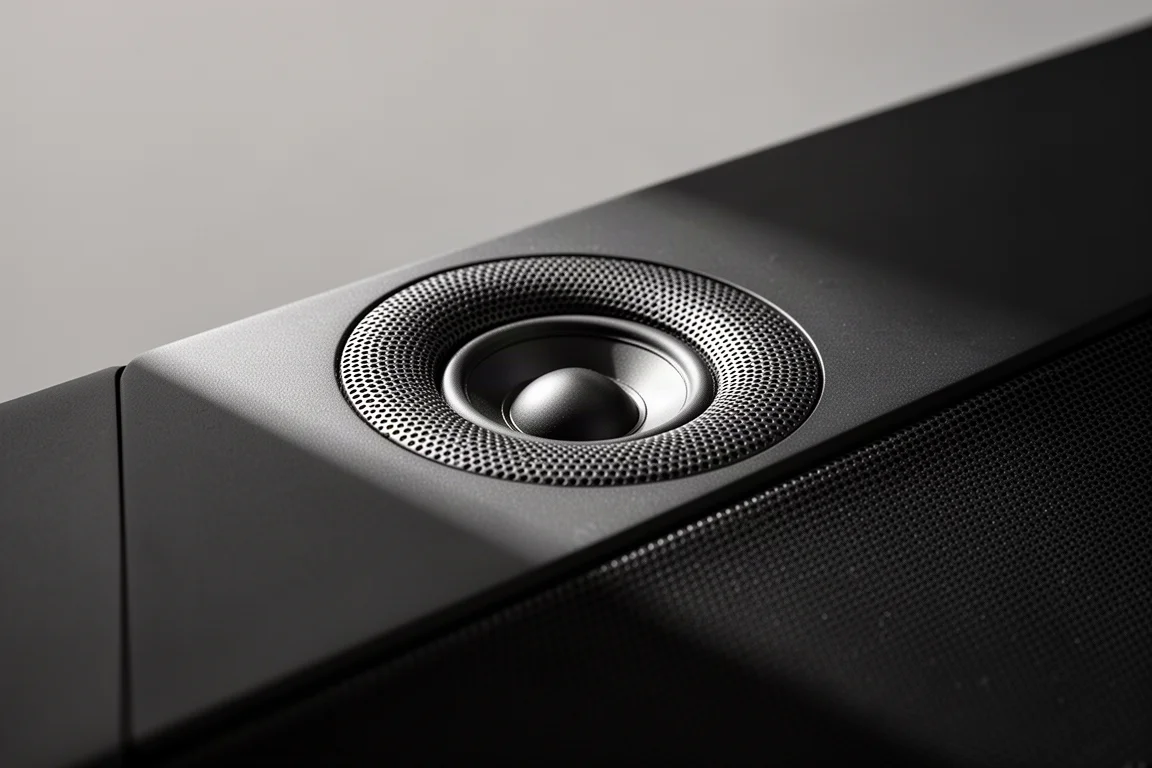 Close-up van een omhoog gerichte driver achter een geperforeerd metalen rooster op een soundbar