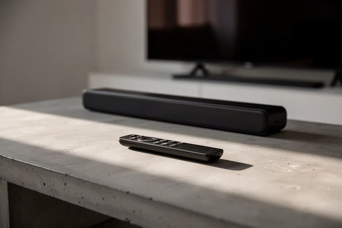 Slanke zwarte afstandsbediening op een betonnen salontafel met een soundbar vervaagd op de achtergrond