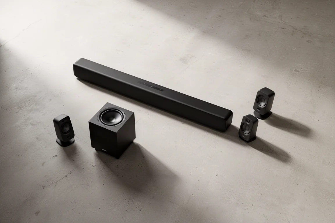 Bovenaanzicht van een soundbar, subwoofer en twee surroundluidsprekers op beton