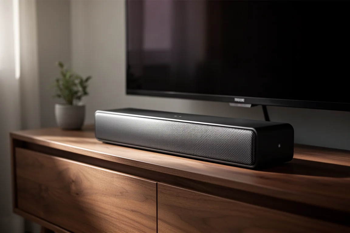 Compact black Bose Soundbar 600 on a walnut media console beneath a switched-off TV