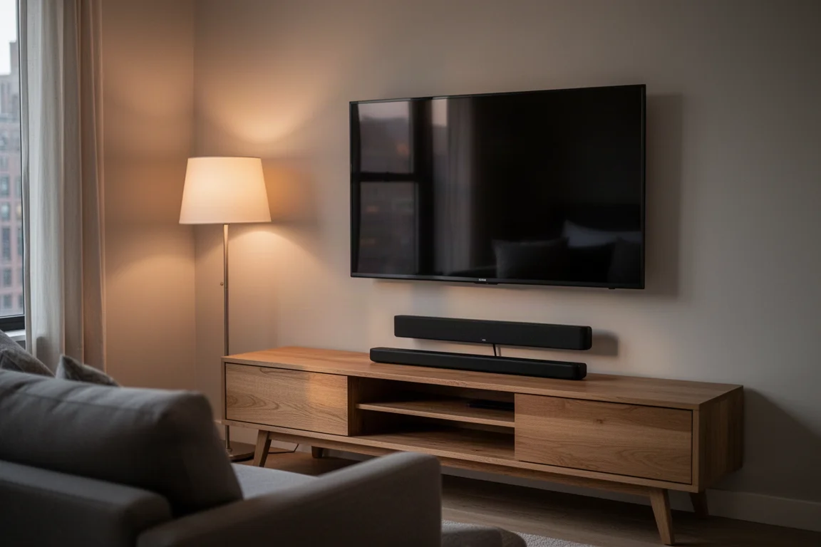 Soggiorno compatto di un appartamento al crepuscolo con una sottile soundbar nera sotto un televisore a parete