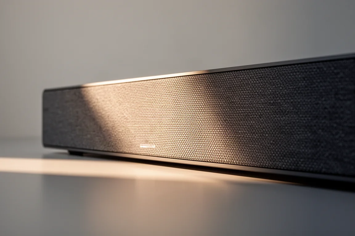 Primo piano della griglia frontale di una sottile soundbar con luce calda che sfiora la trama del tessuto intrecciato
