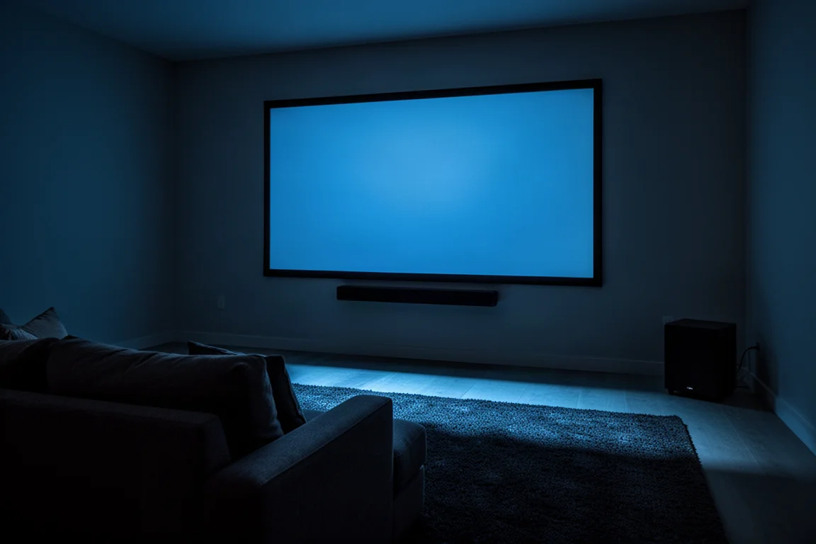 Stanza home theater in penombra di notte con il bagliore del televisore, una sottile soundbar e un subwoofer cubico nell'angolo