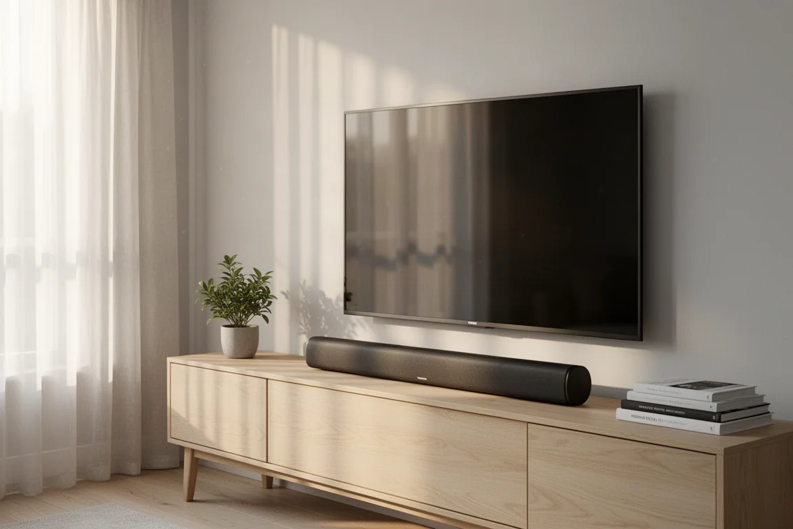 Soggiorno minimalista e luminoso con una sottile soundbar su una consolle in rovere chiaro sotto un televisore