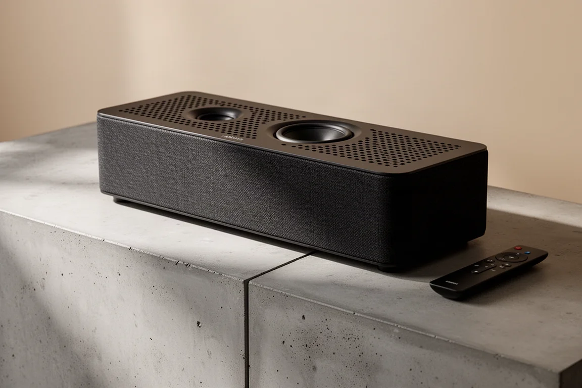 Compact black Dolby Atmos soundbar with perforated top panel on a concrete media console