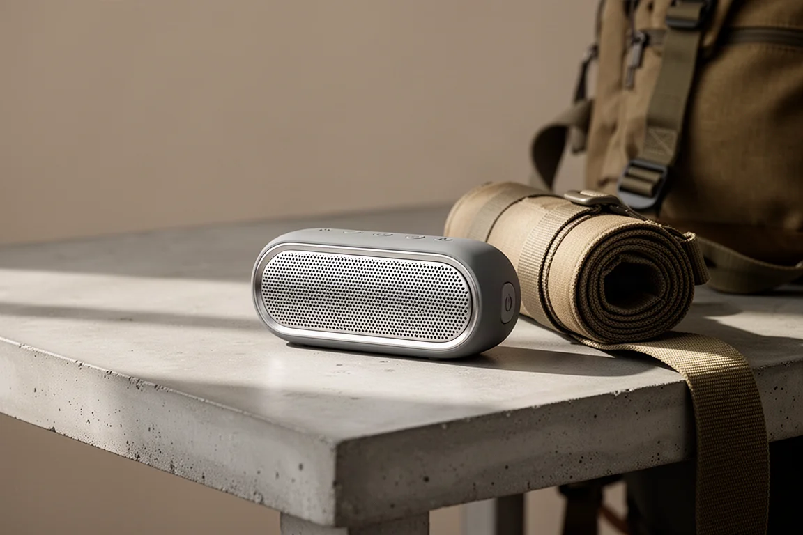 Pill-shaped portable speaker on a concrete table next to a backpack strap