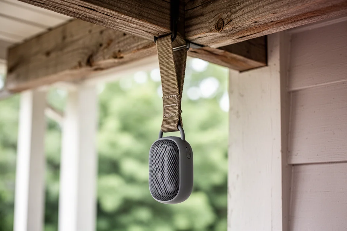 Portable speaker hanging by its utility strap from a wooden beam outdoors