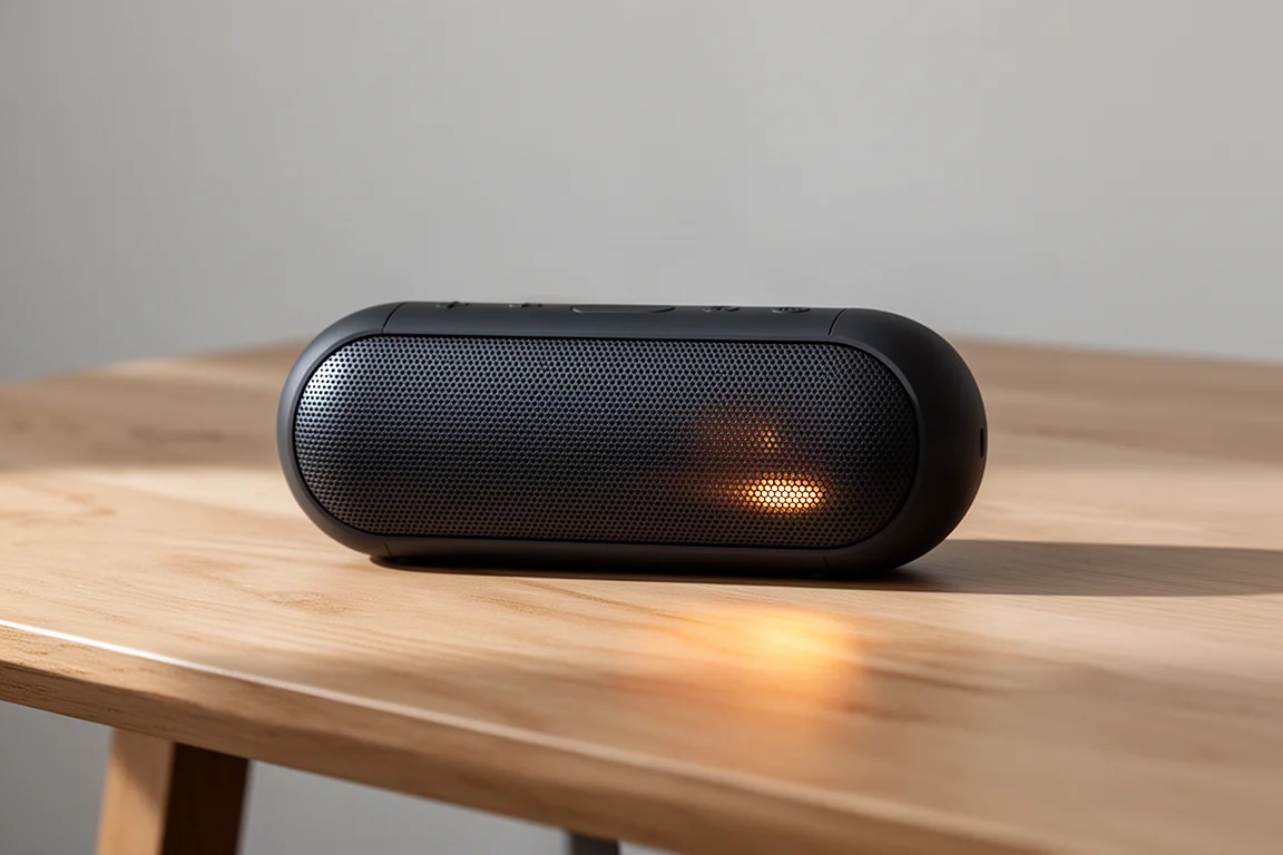 Speaker lying flat on a wooden desk with sound waves visually implied by light reflections