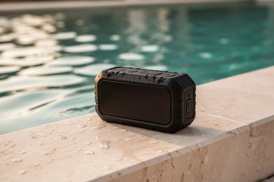 Portable speaker sitting on a poolside ledge near glistening water
