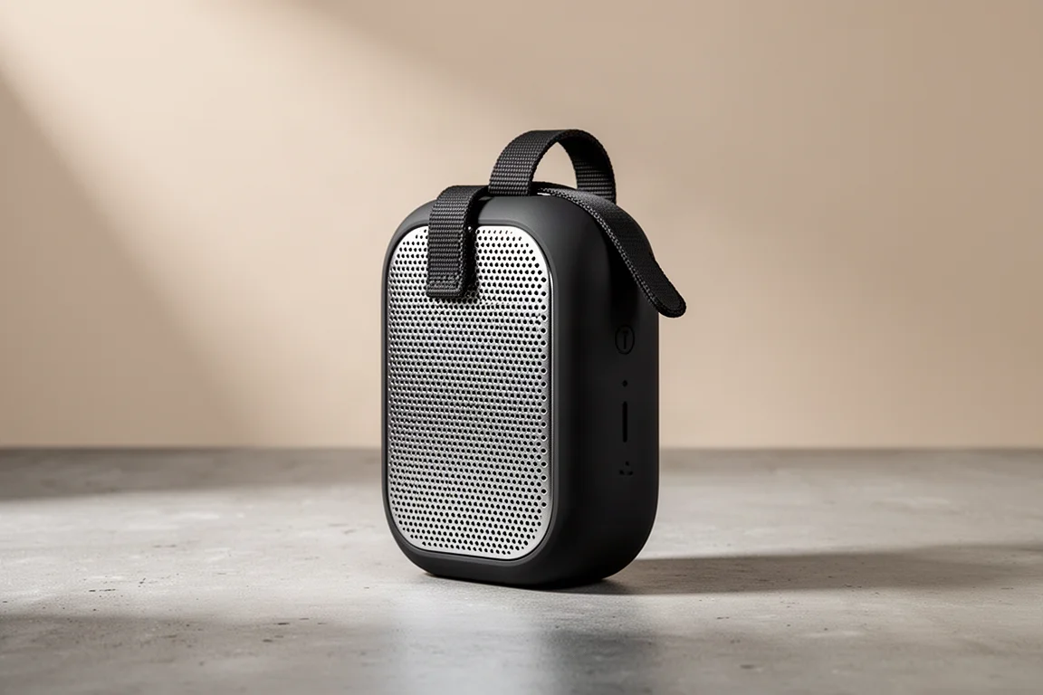 Compact black pill-shaped portable Bluetooth speaker with steel grille on concrete surface