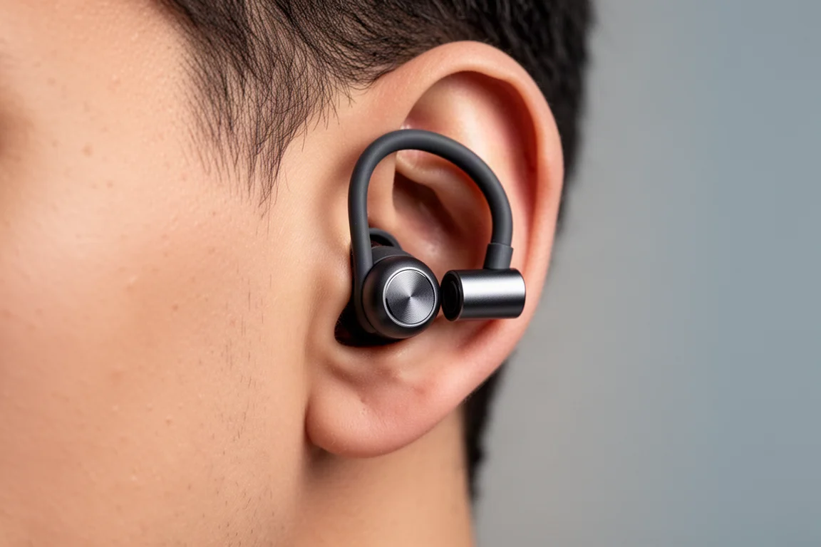 Primo piano di una cuffia open-ear con morsetto appoggiata alla parte posteriore dell'orecchio