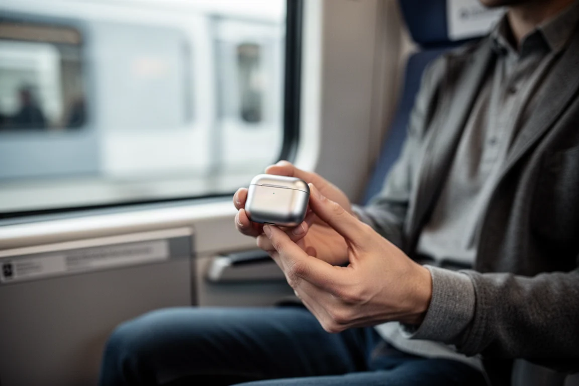 Pendolare in un treno rumoroso mentre confronta diverse cuffie