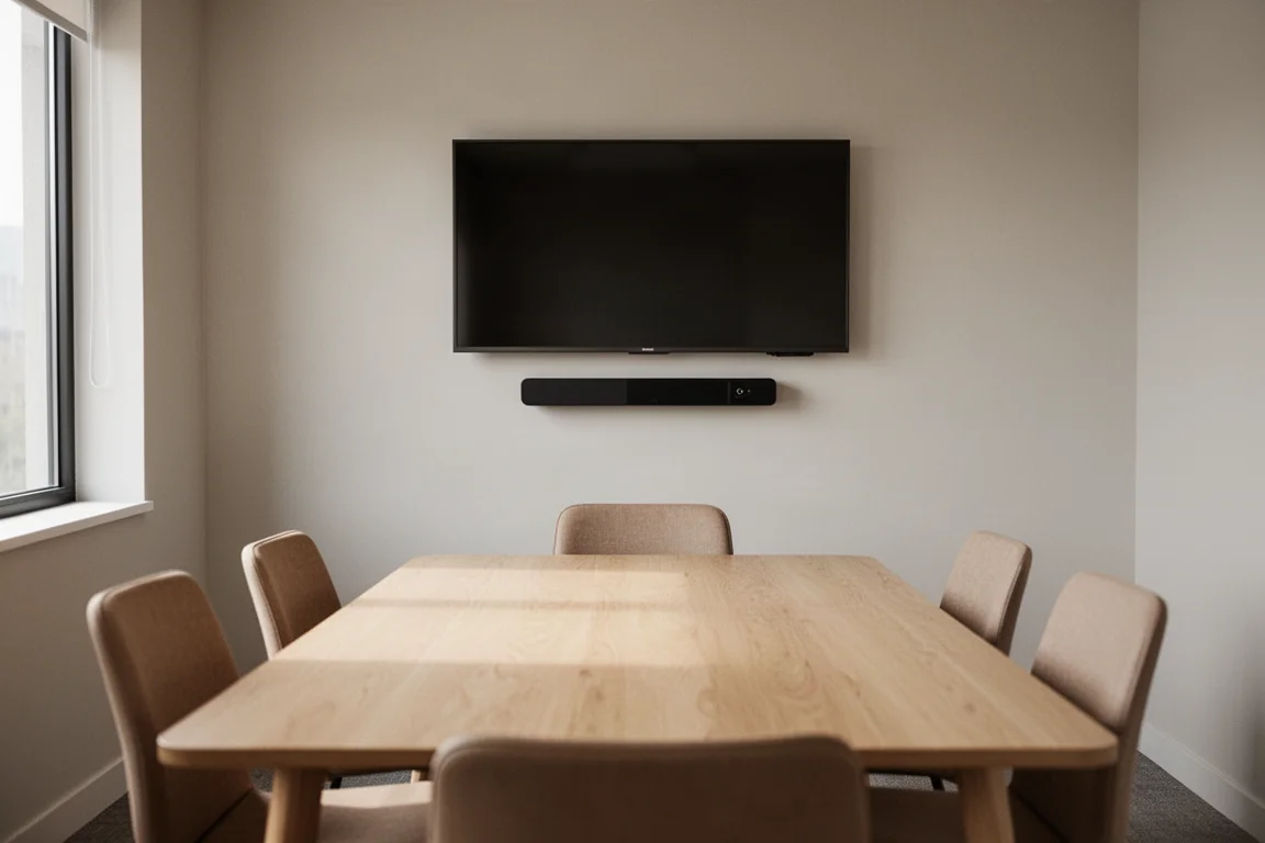 Sala riunioni piccola con una video bar montata sotto un display a parete e sedie vuote